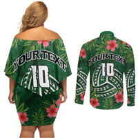 Custom Hawaii Volleyball Couples Matching Off Shoulder Short Dress and Long Sleeve Button Shirt Kakau Abstract and Tropical Plants Green Color LT03 - Polynesian Pride