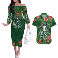 Custom Hawaii Volleyball Couples Matching Off The Shoulder Long Sleeve Dress and Hawaiian Shirt Kakau Abstract and Tropical Plants Green Color LT03 Green - Polynesian Pride