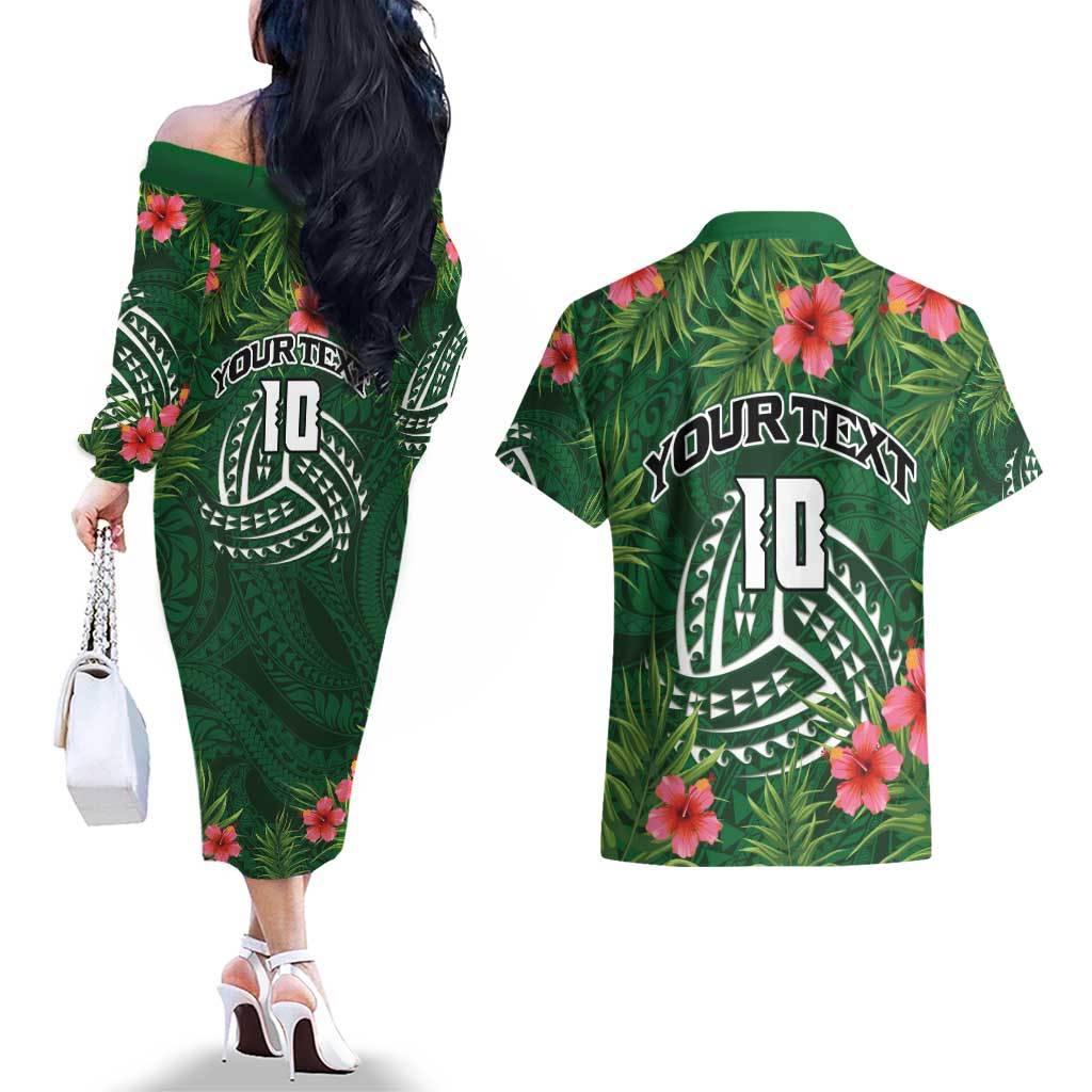 Custom Hawaii Volleyball Couples Matching Off The Shoulder Long Sleeve Dress and Hawaiian Shirt Kakau Abstract and Tropical Plants Green Color LT03 - Polynesian Pride