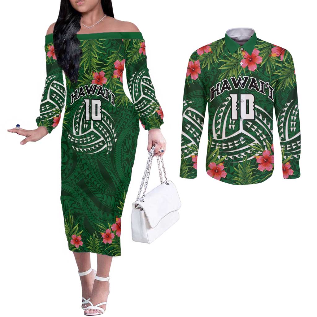 Custom Hawaii Volleyball Couples Matching Off The Shoulder Long Sleeve Dress and Long Sleeve Button Shirt Kakau Abstract and Tropical Plants Green Color LT03 Green - Polynesian Pride