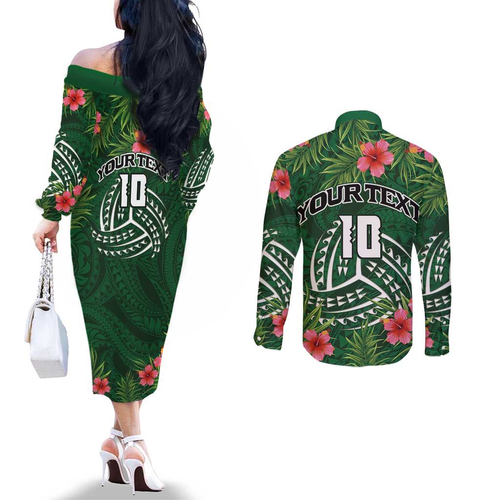 Custom Hawaii Volleyball Couples Matching Off The Shoulder Long Sleeve Dress and Long Sleeve Button Shirt Kakau Abstract and Tropical Plants Green Color LT03 - Polynesian Pride