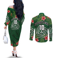 Custom Hawaii Volleyball Couples Matching Off The Shoulder Long Sleeve Dress and Long Sleeve Button Shirt Kakau Abstract and Tropical Plants Green Color LT03 - Polynesian Pride