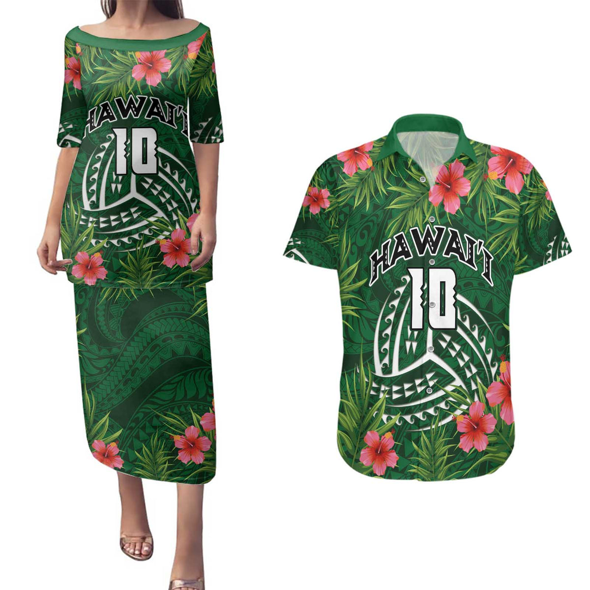 Custom Hawaii Volleyball Couples Matching Puletasi and Hawaiian Shirt Kakau Abstract and Tropical Plants Green Color LT03 Green - Polynesian Pride