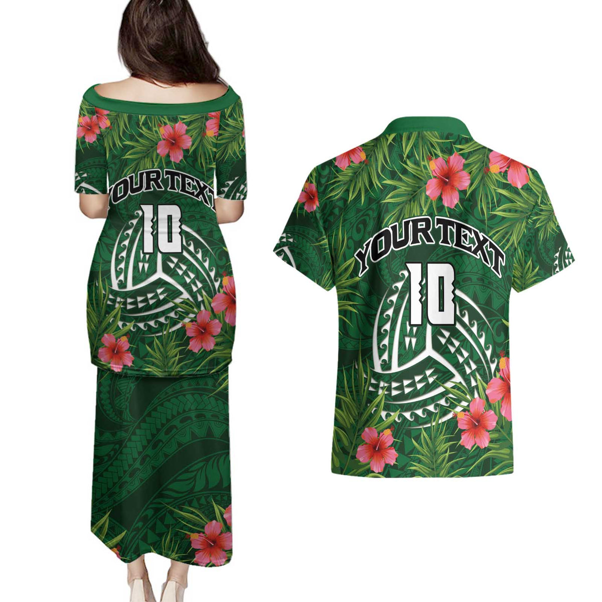 Custom Hawaii Volleyball Couples Matching Puletasi and Hawaiian Shirt Kakau Abstract and Tropical Plants Green Color LT03 - Polynesian Pride