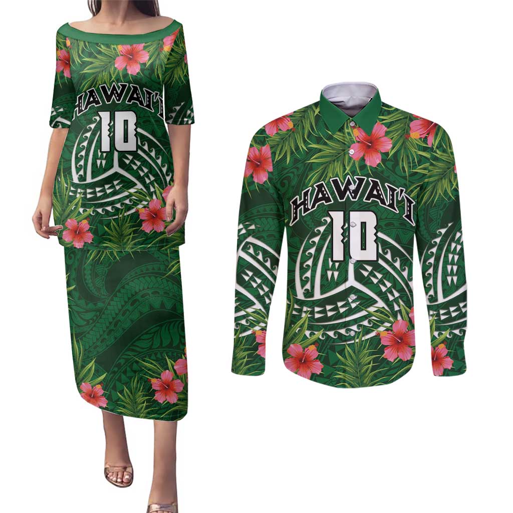 Custom Hawaii Volleyball Couples Matching Puletasi and Long Sleeve Button Shirt Kakau Abstract and Tropical Plants Green Color LT03 Green - Polynesian Pride