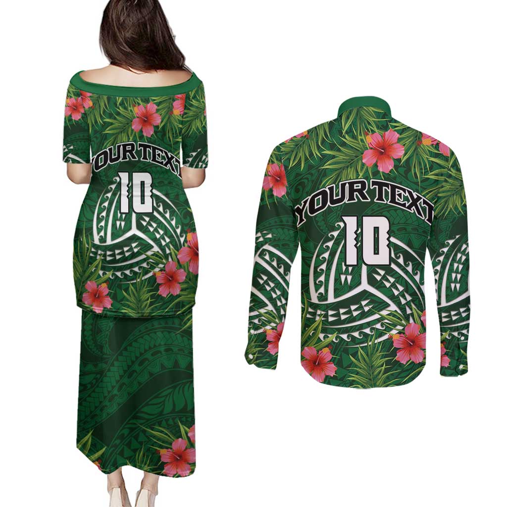 Custom Hawaii Volleyball Couples Matching Puletasi and Long Sleeve Button Shirt Kakau Abstract and Tropical Plants Green Color LT03 - Polynesian Pride