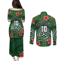 Custom Hawaii Volleyball Couples Matching Puletasi and Long Sleeve Button Shirt Kakau Abstract and Tropical Plants Green Color LT03 - Polynesian Pride