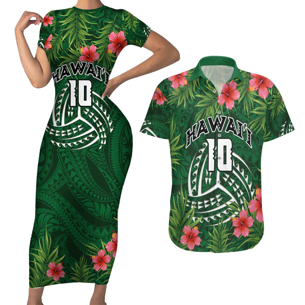 Custom Hawaii Volleyball Couples Matching Short Sleeve Bodycon Dress and Hawaiian Shirt Kakau Abstract and Tropical Plants Green Color LT03 Green - Polynesian Pride