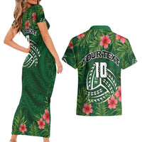 Custom Hawaii Volleyball Couples Matching Short Sleeve Bodycon Dress and Hawaiian Shirt Kakau Abstract and Tropical Plants Green Color LT03 - Polynesian Pride