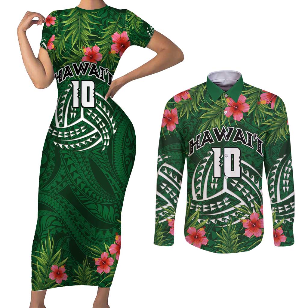Custom Hawaii Volleyball Couples Matching Short Sleeve Bodycon Dress and Long Sleeve Button Shirt Kakau Abstract and Tropical Plants Green Color LT03 Green - Polynesian Pride