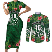 Custom Hawaii Volleyball Couples Matching Short Sleeve Bodycon Dress and Long Sleeve Button Shirt Kakau Abstract and Tropical Plants Green Color LT03 Green - Polynesian Pride