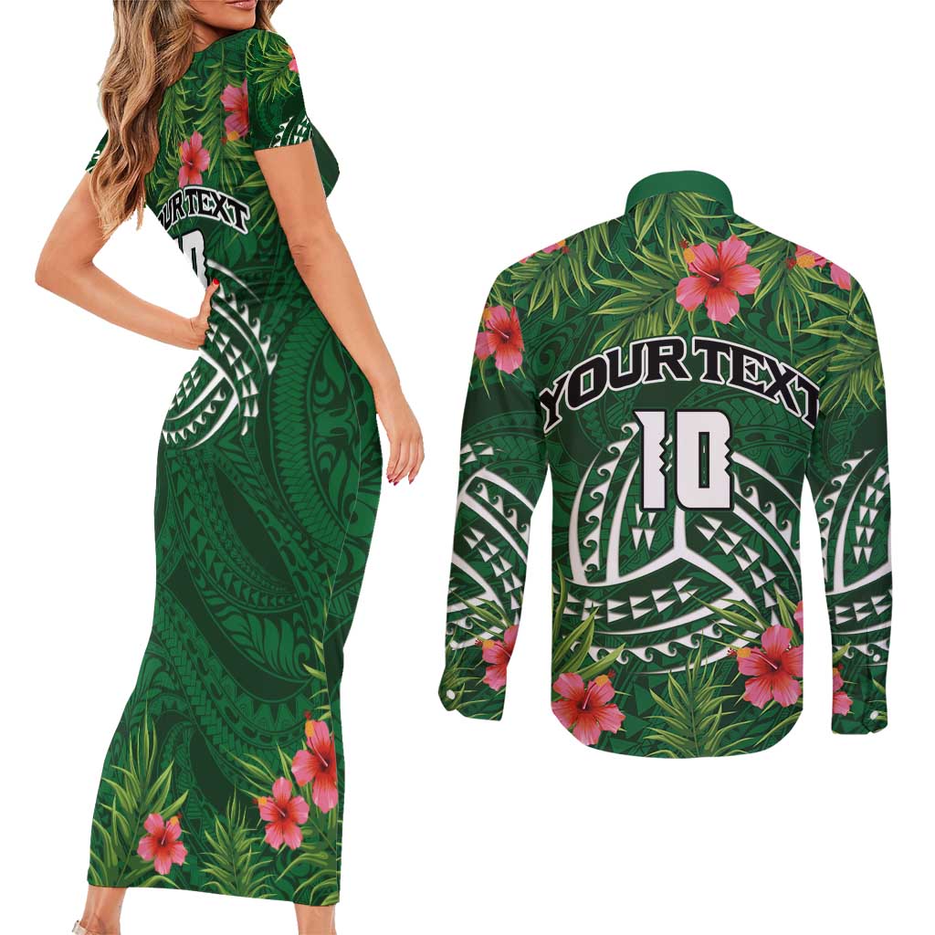Custom Hawaii Volleyball Couples Matching Short Sleeve Bodycon Dress and Long Sleeve Button Shirt Kakau Abstract and Tropical Plants Green Color LT03 - Polynesian Pride