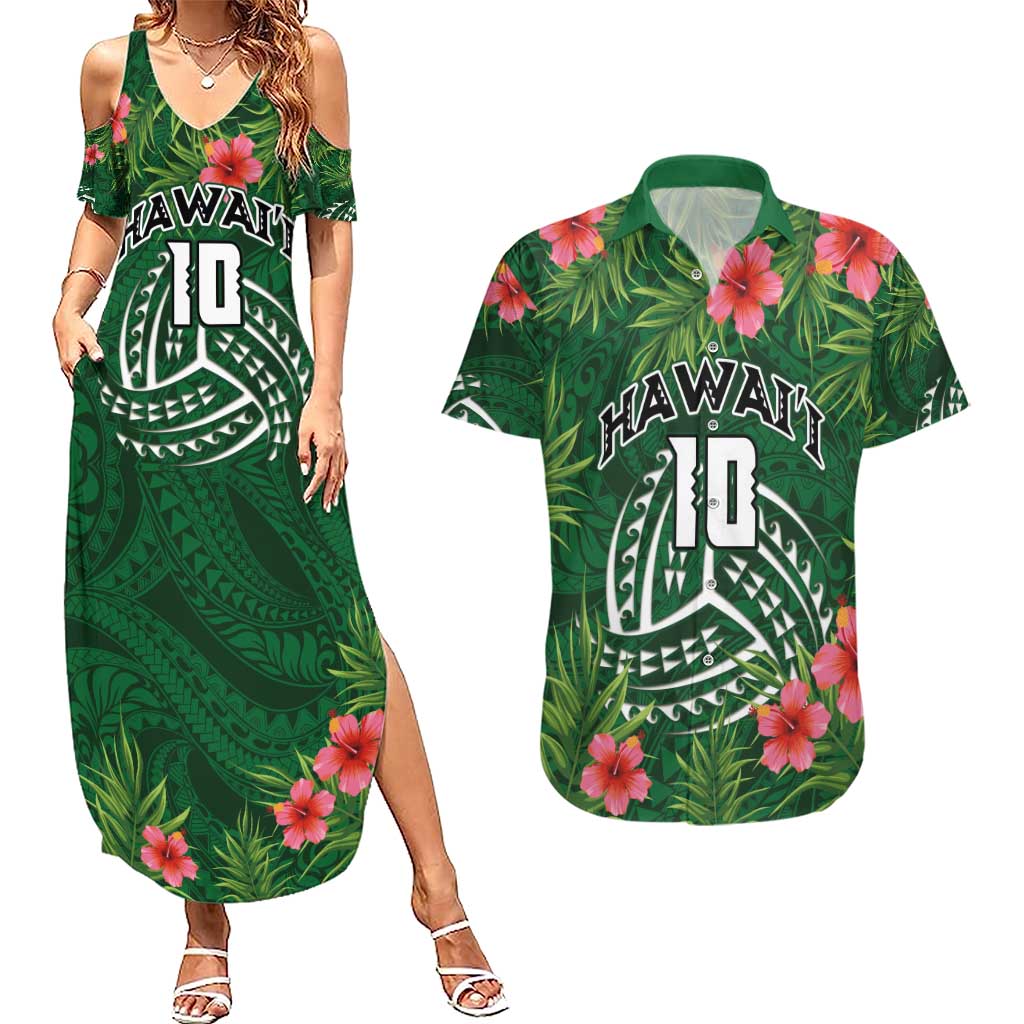 Custom Hawaii Volleyball Couples Matching Summer Maxi Dress and Hawaiian Shirt Kakau Abstract and Tropical Plants Green Color LT03 Green - Polynesian Pride
