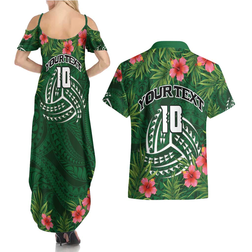 Custom Hawaii Volleyball Couples Matching Summer Maxi Dress and Hawaiian Shirt Kakau Abstract and Tropical Plants Green Color LT03 - Polynesian Pride