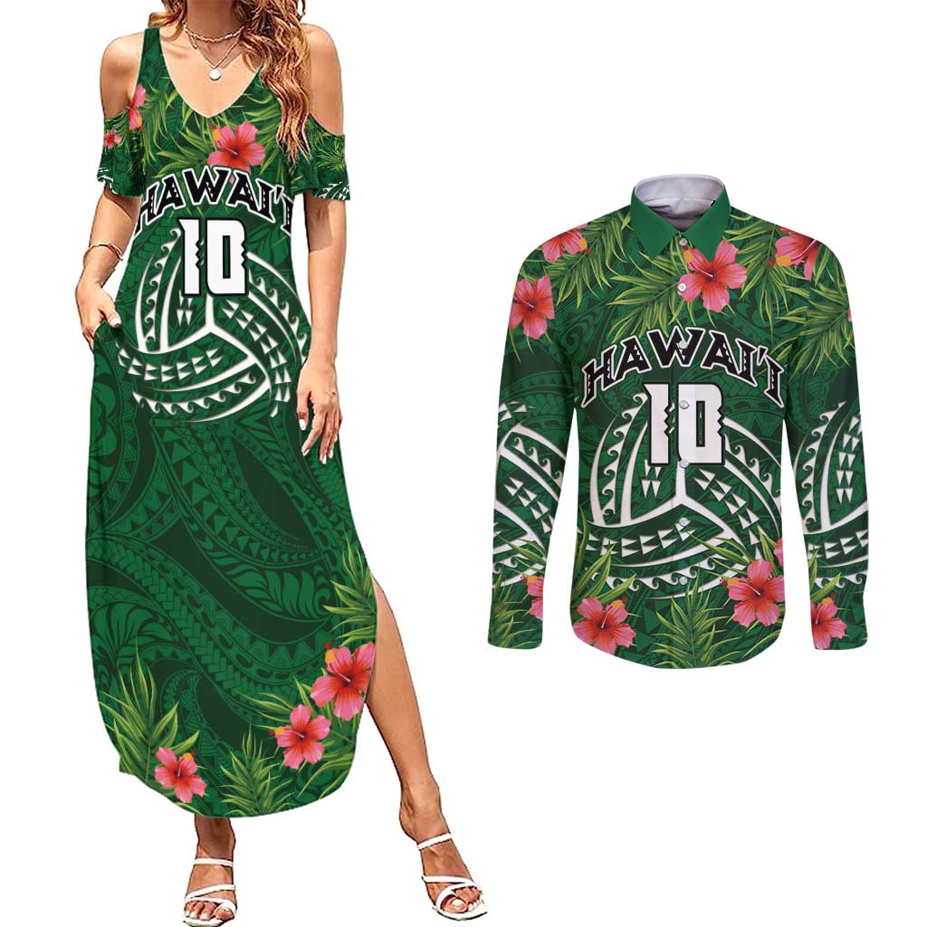 Custom Hawaii Volleyball Couples Matching Summer Maxi Dress and Long Sleeve Button Shirt Kakau Abstract and Tropical Plants Green Color - Polynesian Pride