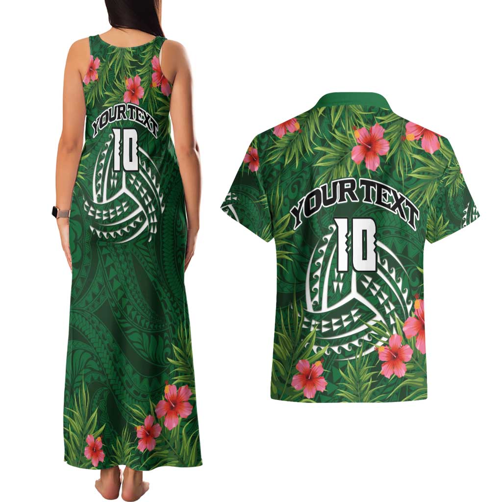 Custom Hawaii Volleyball Couples Matching Tank Maxi Dress and Hawaiian Shirt Kakau Abstract and Tropical Plants Green Color LT03 - Polynesian Pride