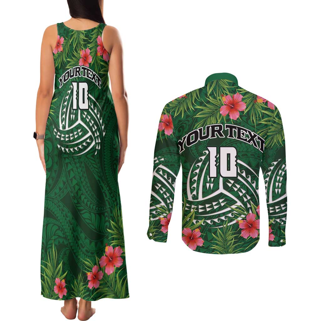 Custom Hawaii Volleyball Couples Matching Tank Maxi Dress and Long Sleeve Button Shirt Kakau Abstract and Tropical Plants Green Color LT03 - Polynesian Pride