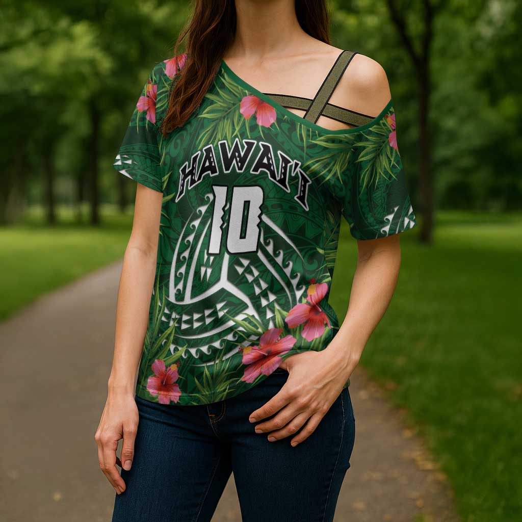 Custom Hawaii Volleyball Cross Shoulder Shirt Kakau Abstract and Tropical Plants Green Color - Polynesian Pride