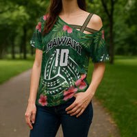 Custom Hawaii Volleyball Cross Shoulder Shirt Kakau Abstract and Tropical Plants Green Color - Polynesian Pride