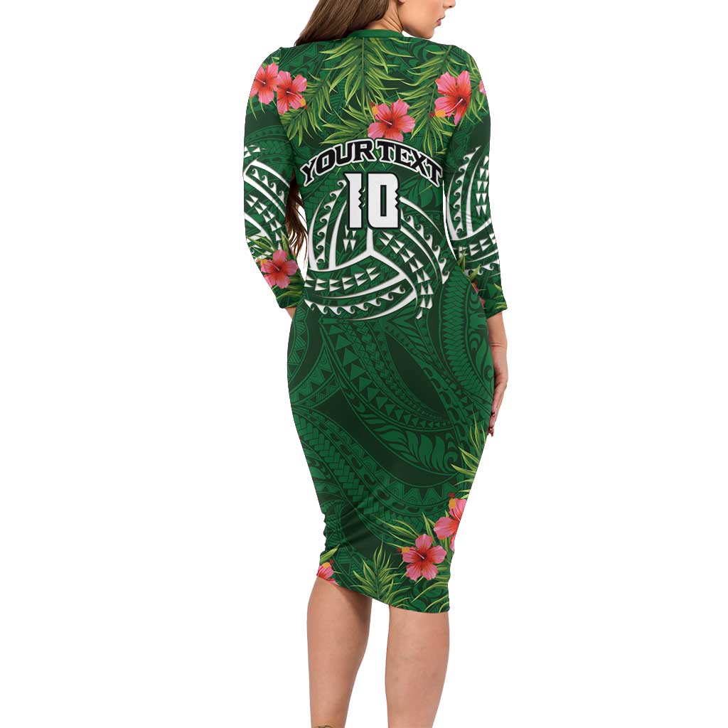 Custom Hawaii Volleyball Family Matching Long Sleeve Bodycon Dress and Hawaiian Shirt Kakau Abstract and Tropical Plants Green Color - Polynesian Pride