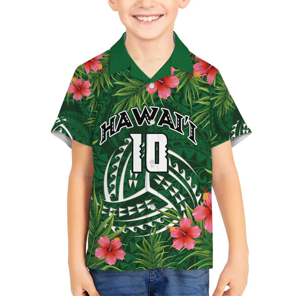 Custom Hawaii Volleyball Family Matching Long Sleeve Bodycon Dress and Hawaiian Shirt Kakau Abstract and Tropical Plants Green Color - Polynesian Pride