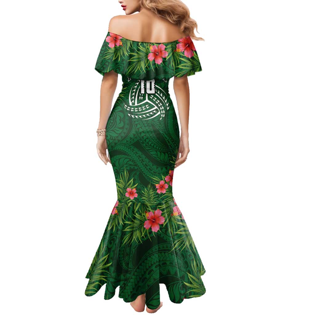 Custom Hawaii Volleyball Family Matching Mermaid Dress and Hawaiian Shirt Kakau Abstract and Tropical Plants Green Color - Polynesian Pride