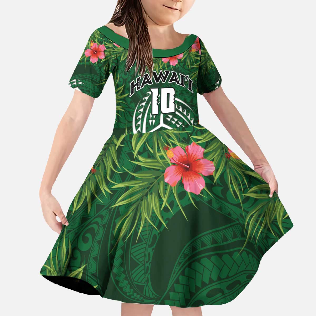 Custom Hawaii Volleyball Family Matching Off The Shoulder Long Sleeve Dress and Hawaiian Shirt Kakau Abstract and Tropical Plants Green Color - Polynesian Pride