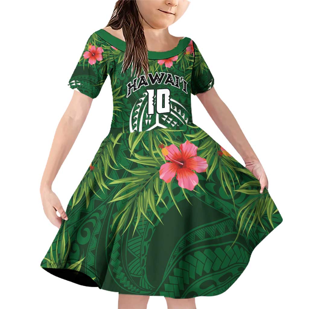 Custom Hawaii Volleyball Family Matching Off Shoulder Short Dress and Hawaiian Shirt Kakau Abstract and Tropical Plants Green Color - Polynesian Pride