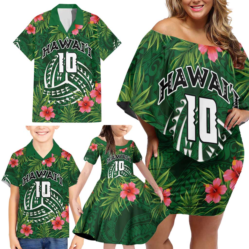 Custom Hawaii Volleyball Family Matching Off Shoulder Short Dress and Hawaiian Shirt Kakau Abstract and Tropical Plants Green Color - Polynesian Pride