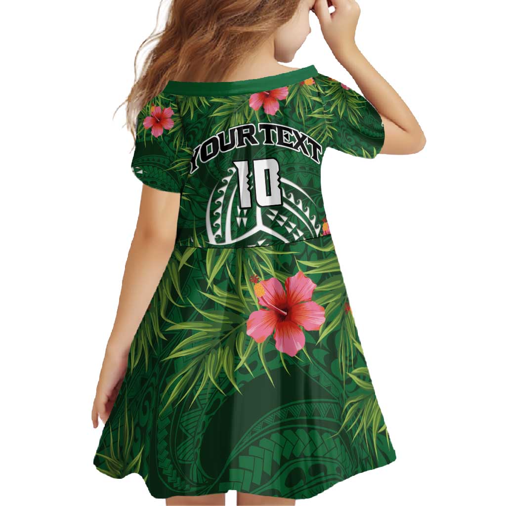 Custom Hawaii Volleyball Family Matching Short Sleeve Bodycon Dress and Hawaiian Shirt Kakau Abstract and Tropical Plants Green Color - Polynesian Pride