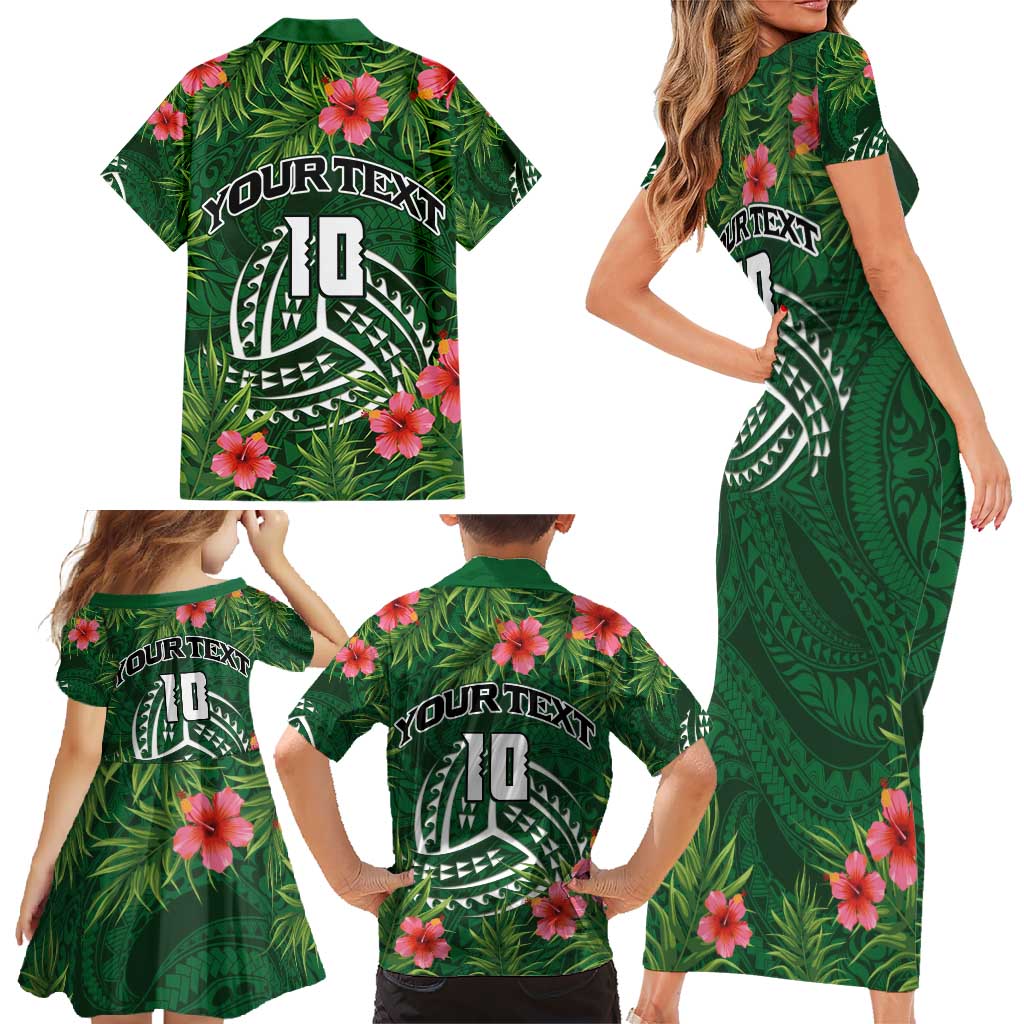 Custom Hawaii Volleyball Family Matching Short Sleeve Bodycon Dress and Hawaiian Shirt Kakau Abstract and Tropical Plants Green Color - Polynesian Pride
