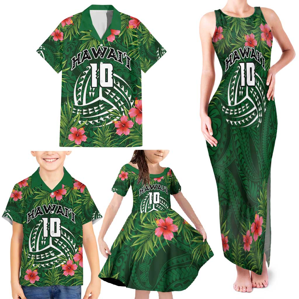 Custom Hawaii Volleyball Family Matching Tank Maxi Dress and Hawaiian Shirt Kakau Abstract and Tropical Plants Green Color - Polynesian Pride