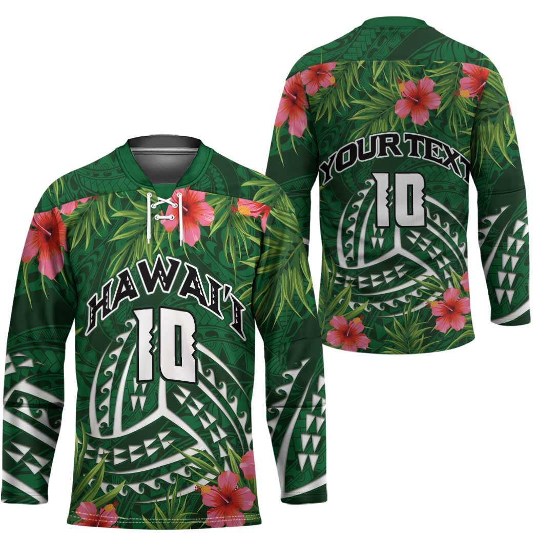 Custom Hawaii Volleyball Hockey Jersey Kakau Abstract and Tropical Plants Green Color - Polynesian Pride