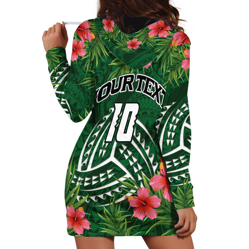 Custom Hawaii Volleyball Hoodie Dress Kakau Abstract and Tropical Plants Green Color LT03 - Polynesian Pride