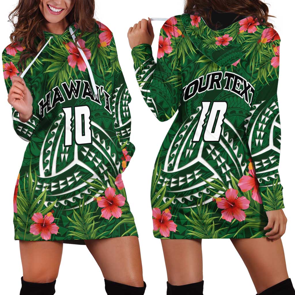 Custom Hawaii Volleyball Hoodie Dress Kakau Abstract and Tropical Plants Green Color LT03 - Polynesian Pride