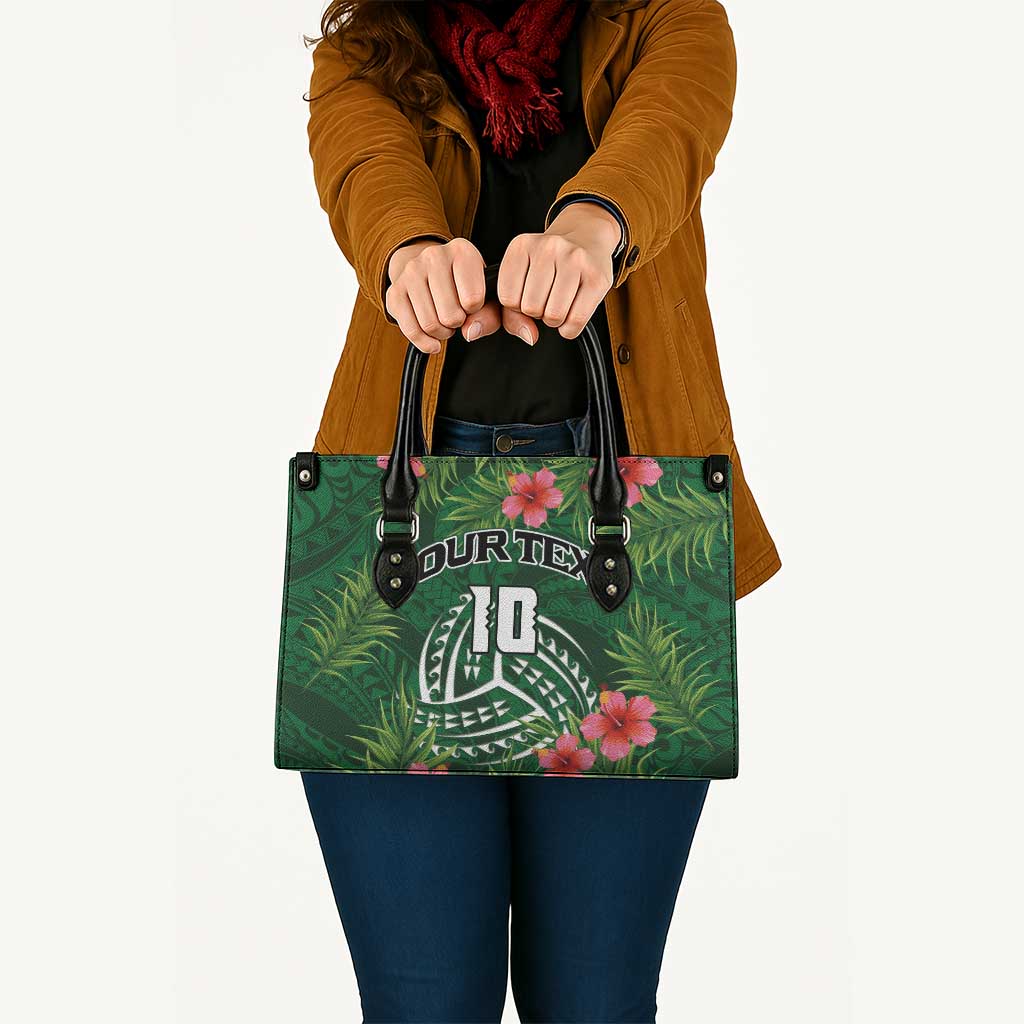 Custom Hawaii Volleyball Leather Bag Kakau Abstract and Tropical Plants Green Color - Polynesian Pride