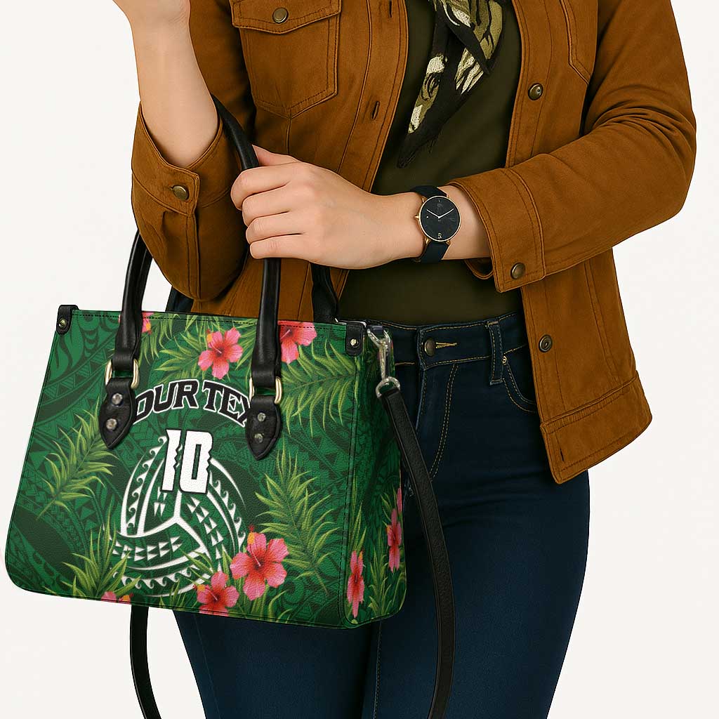 Custom Hawaii Volleyball Leather Bag Kakau Abstract and Tropical Plants Green Color - Polynesian Pride