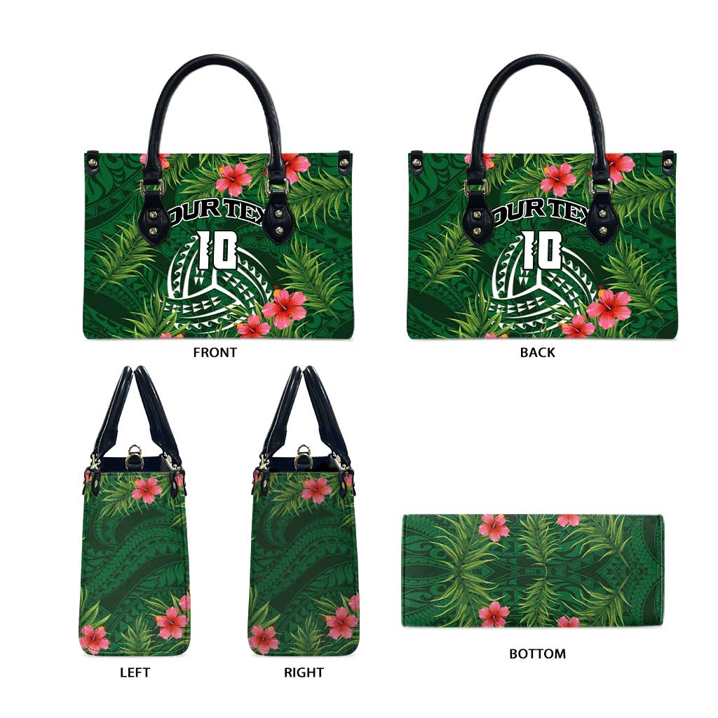 Custom Hawaii Volleyball Leather Bag Kakau Abstract and Tropical Plants Green Color - Polynesian Pride