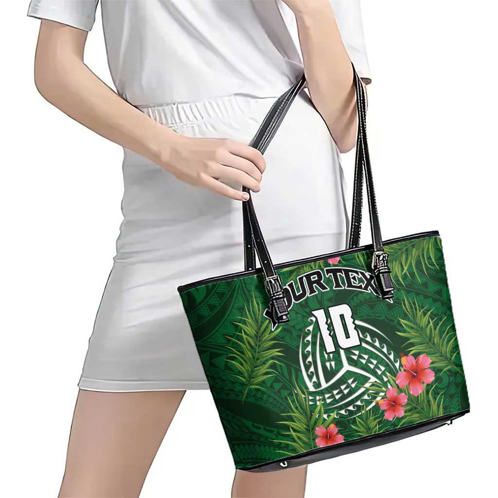 Custom Hawaii Volleyball Leather Tote Bag Kakau Abstract and Tropical Plants Green Color - Polynesian Pride