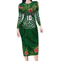 Custom Hawaii Volleyball Long Sleeve Bodycon Dress Kakau Abstract and Tropical Plants Green Color LT03 Long Dress Green - Polynesian Pride