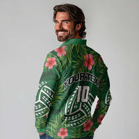 Custom Hawaii Volleyball Long Sleeve Polo Shirt Kakau Abstract and Tropical Plants Green Color - Polynesian Pride