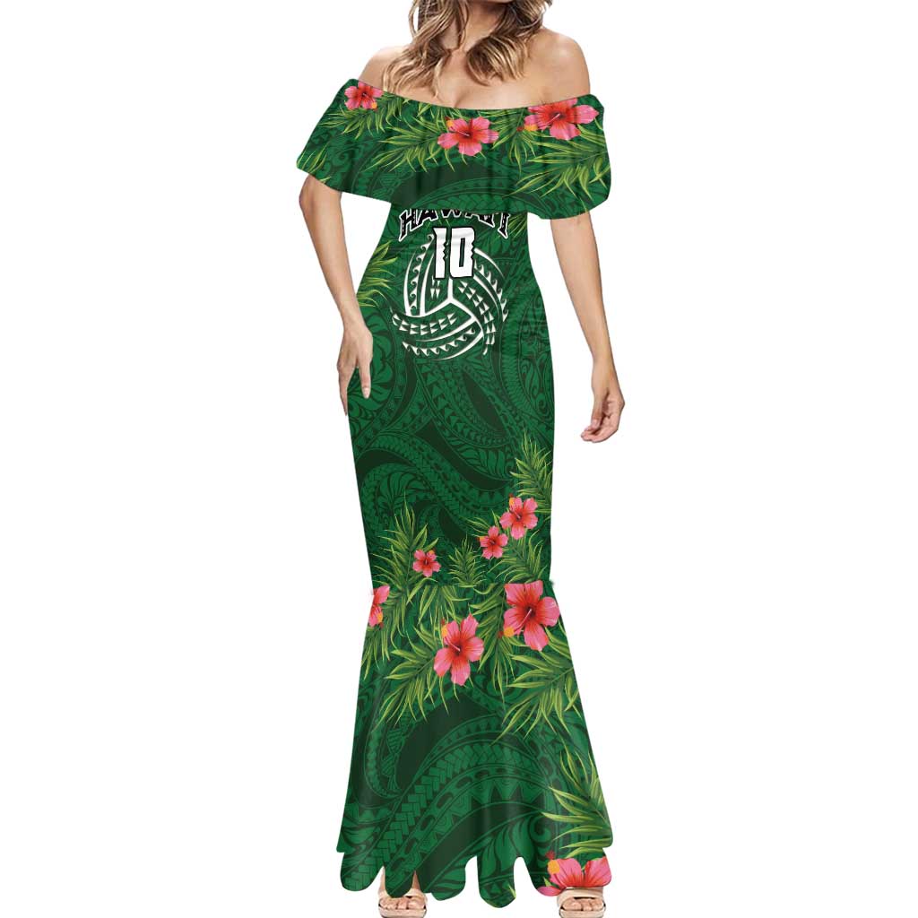 Custom Hawaii Volleyball Mermaid Dress Kakau Abstract and Tropical Plants Green Color LT03 - Polynesian Pride