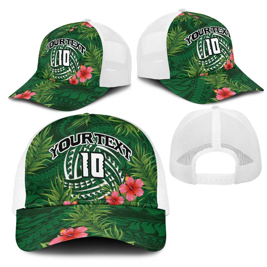 Custom Hawaii Volleyball Mesh Trucker Cap Kakau Abstract and Tropical Plants Green Color - Polynesian Pride