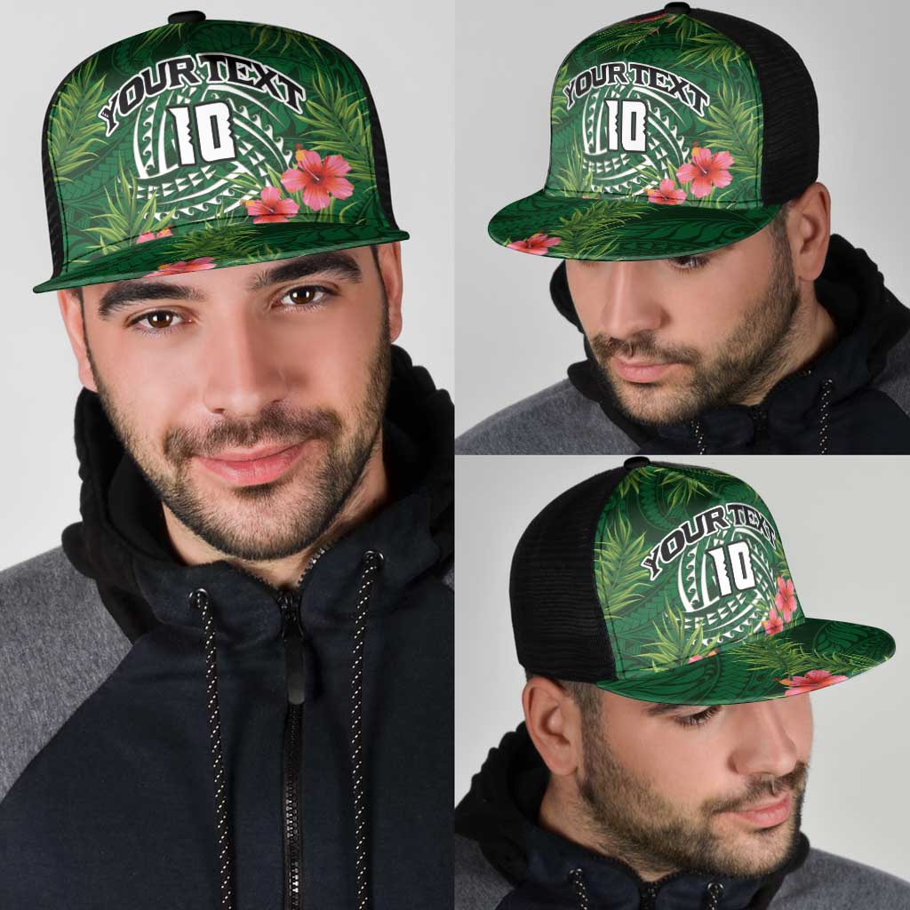 Custom Hawaii Volleyball Mesh Trucker Cap Kakau Abstract and Tropical Plants Green Color - Polynesian Pride