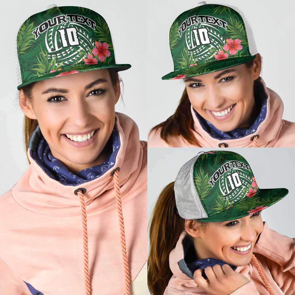 Custom Hawaii Volleyball Mesh Trucker Cap Kakau Abstract and Tropical Plants Green Color - Polynesian Pride