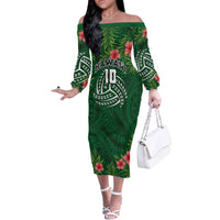 Custom Hawaii Volleyball Off The Shoulder Long Sleeve Dress Kakau Abstract and Tropical Plants Green Color LT03 Women Green - Polynesian Pride