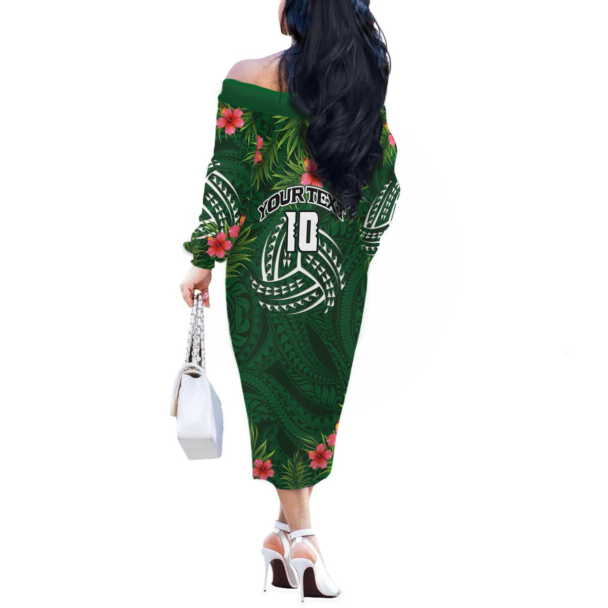 Custom Hawaii Volleyball Off The Shoulder Long Sleeve Dress Kakau Abstract and Tropical Plants Green Color LT03 - Polynesian Pride