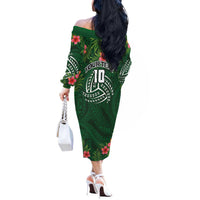 Custom Hawaii Volleyball Off The Shoulder Long Sleeve Dress Kakau Abstract and Tropical Plants Green Color LT03 - Polynesian Pride