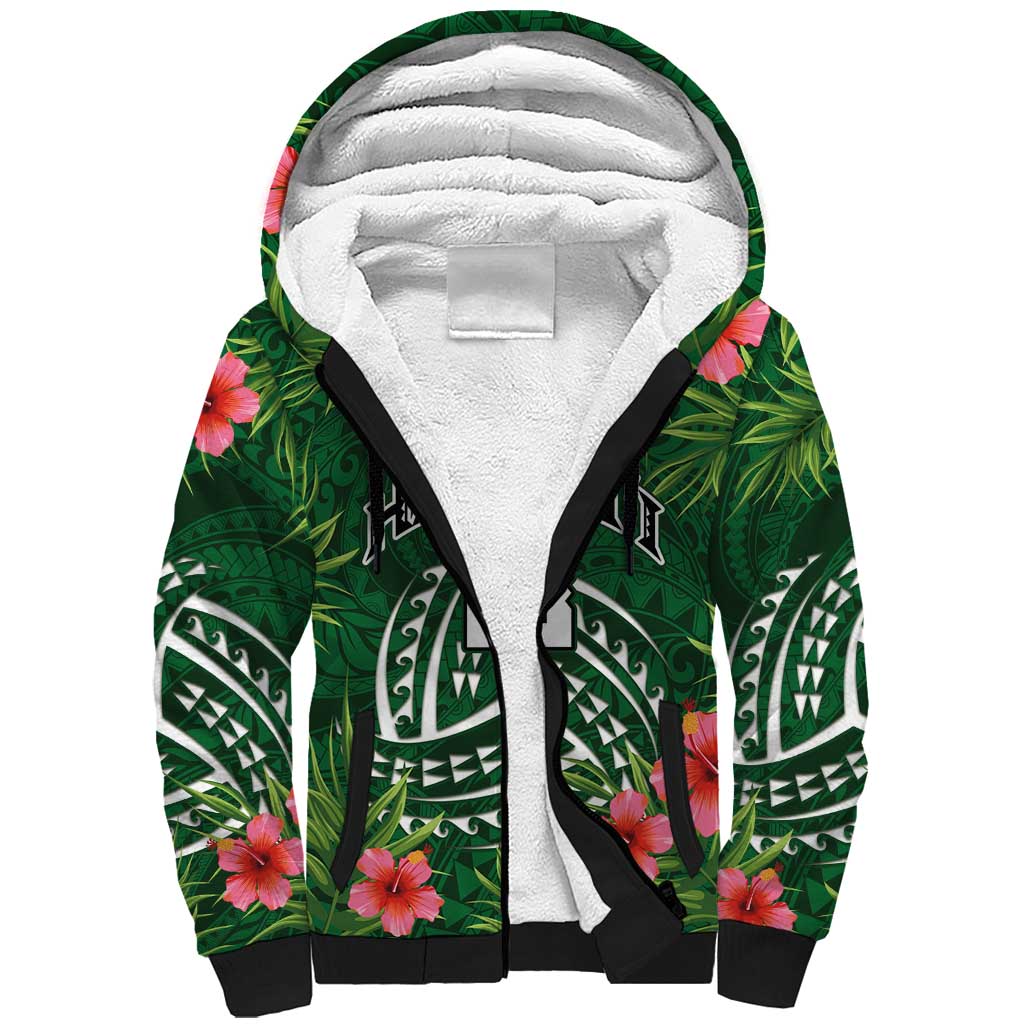 Custom Hawaii Volleyball Sherpa Hoodie Kakau Abstract and Tropical Plants Green Color - Polynesian Pride