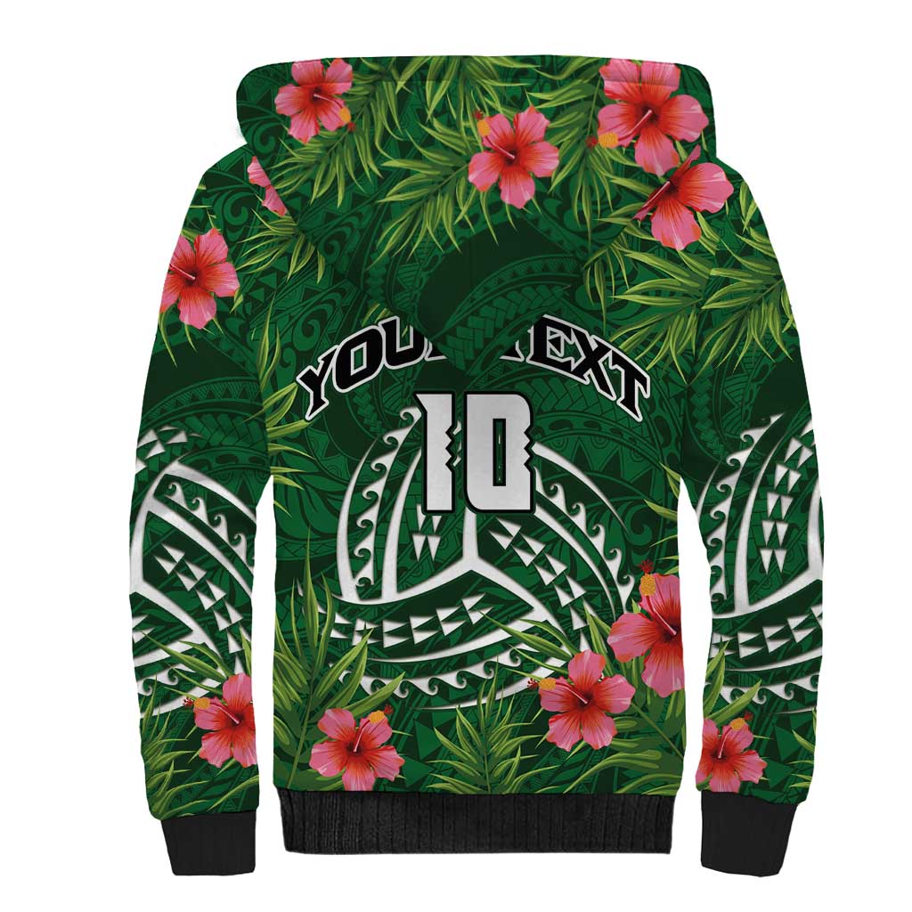 Custom Hawaii Volleyball Sherpa Hoodie Kakau Abstract and Tropical Plants Green Color LT03 - Polynesian Pride